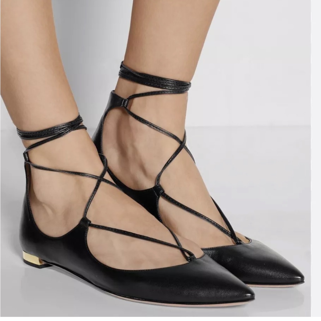 Aquazzura Black Leather Christie Ankle Wrap Pointed Toe Flats Size 39